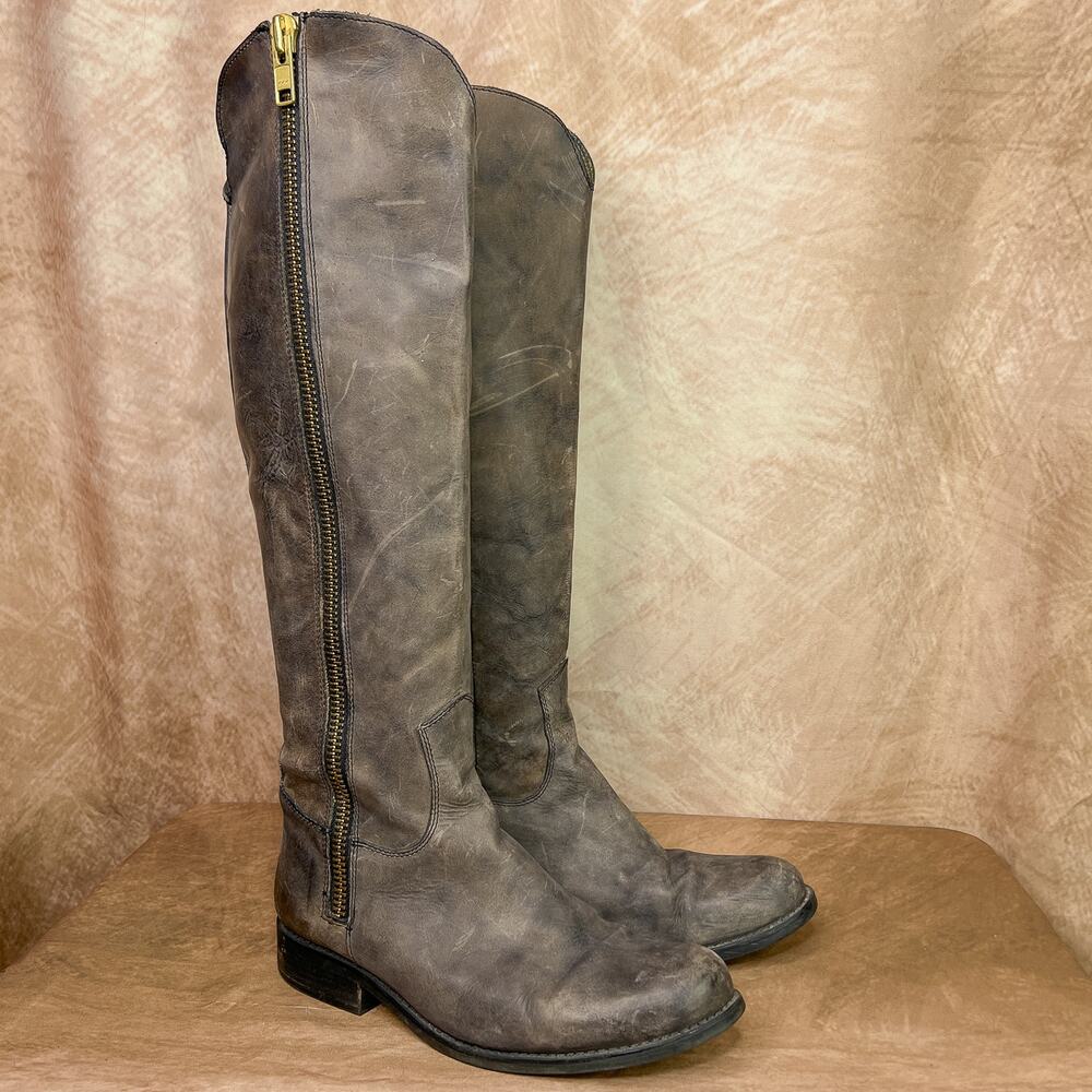 Y2K Knee High Leather Boots Zip Up Gray Steve Madden Ruse Western Euro Indie